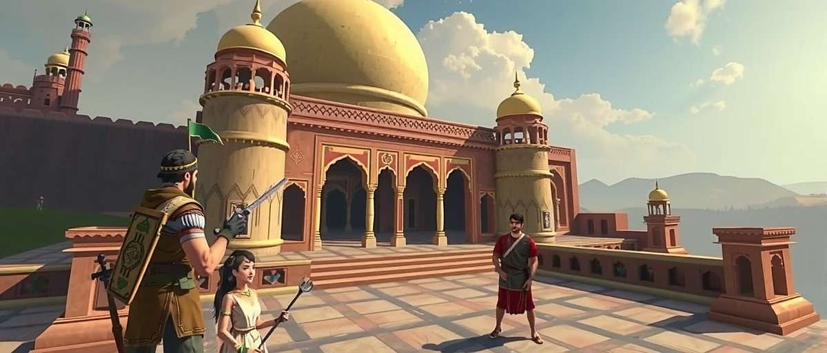Charminar Champions - Heritage Quest Mode Charminar Champions gameplay showing player solving puzzle at Golconda Fort with historical characters guiding them