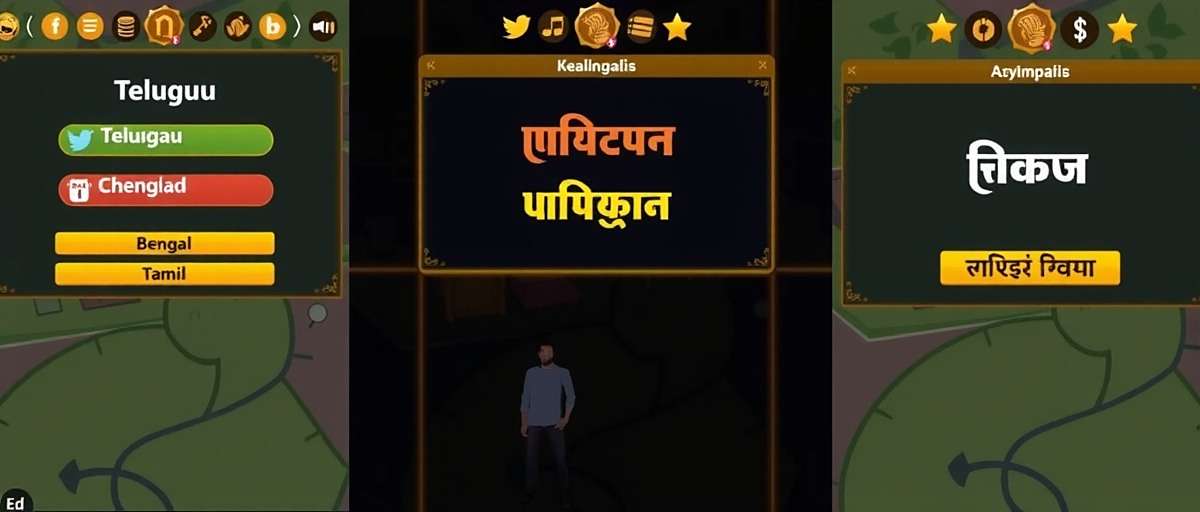 Charminar Champions Language Support Screenshots showing Charminar Champions interface in different Indian languages including Telugu, Hindi, Bengali, and Tamil