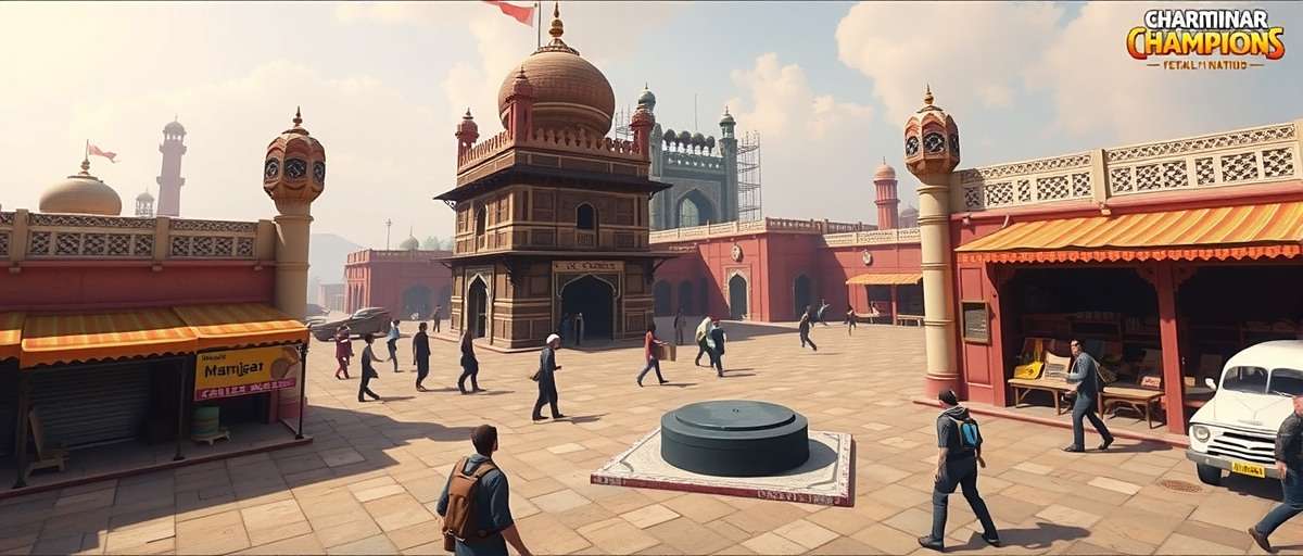Charminar Champions Gameplay - Exploring Hyderabad In-game screenshot of Charminar Champions showing detailed recreation of Charminar monument with players exploring nearby market